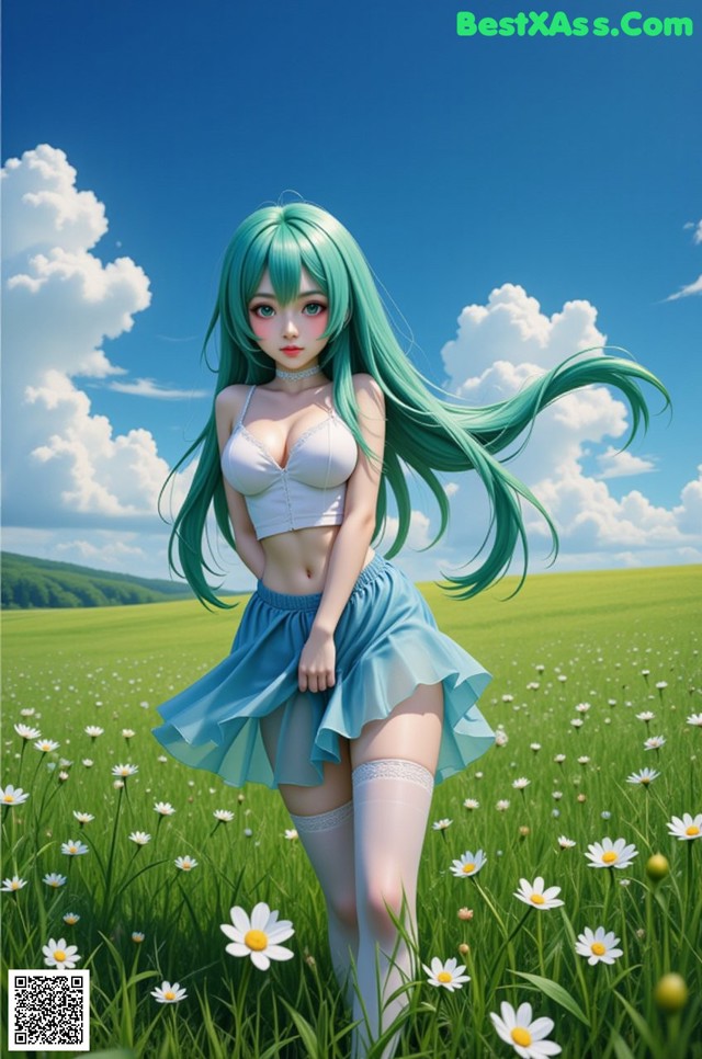 A girl with long green hair standing in a field of daisies.
