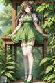 A girl in a green dress sitting on a wooden bench.