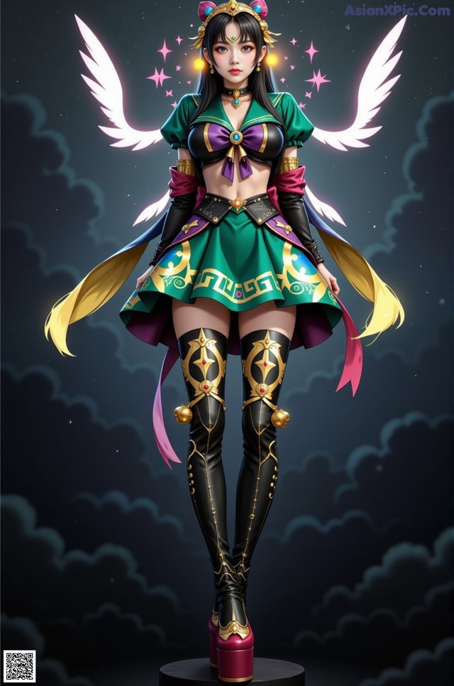 A woman in a green and gold outfit with wings.
