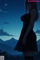 A woman in a black dress standing in front of a mountain.